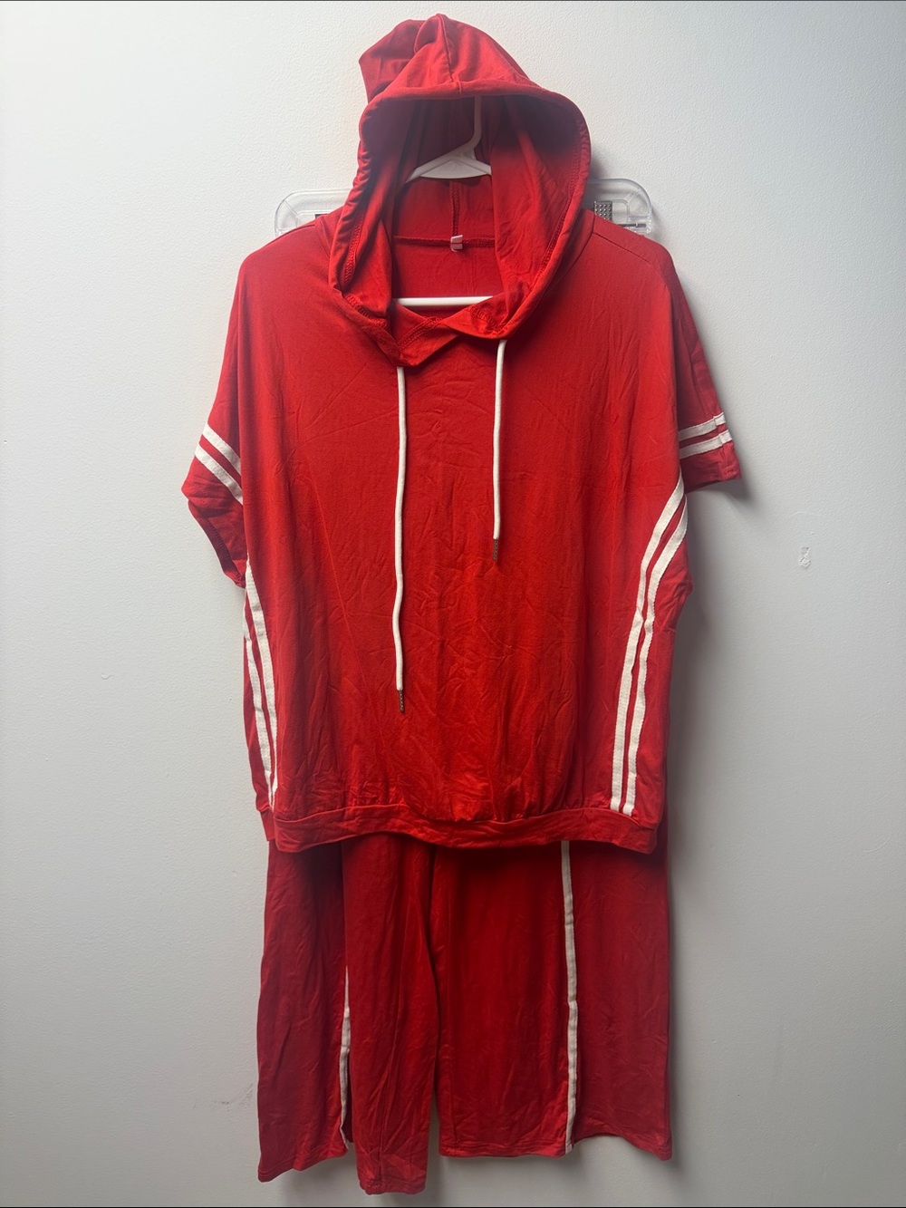Red Hooded jump suit Set with White Stripes